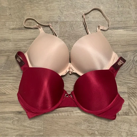 Victoria Secret 2 Satin Bombshell Plunge Bras Rhinestone Logo Strap - Picture 15 of 15